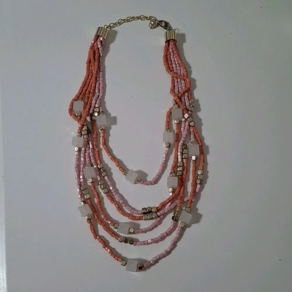 Multi-Strand Layered White Pink Coral Gold Cube Cubic Geometric Beaded Necklace